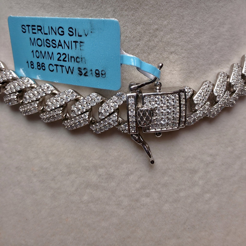 22" 10.4mm VVS D Moissanite Monaco Cuban Chain 18.86 CTTW 96g Solid 925 Silver
