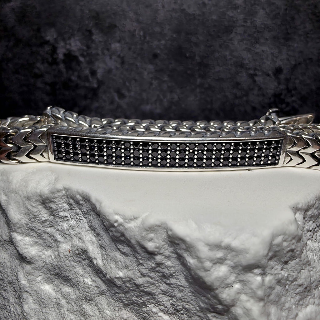 925 Sterling Silver Black Spinel ID Bar Double Franco Link Bracelet 9" 32g 7mm
