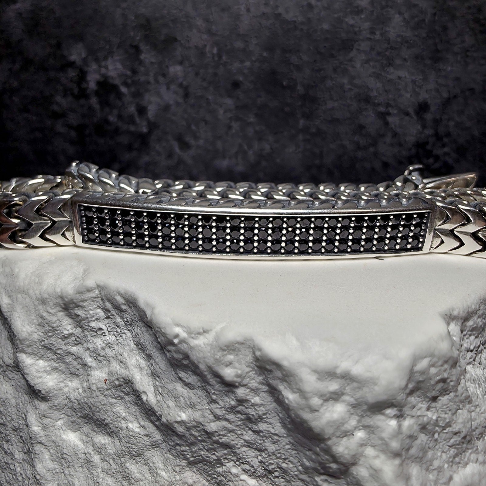 925 Sterling Silver Black Spinel ID Bar Double Franco Link Bracelet 9" 32g 7mm