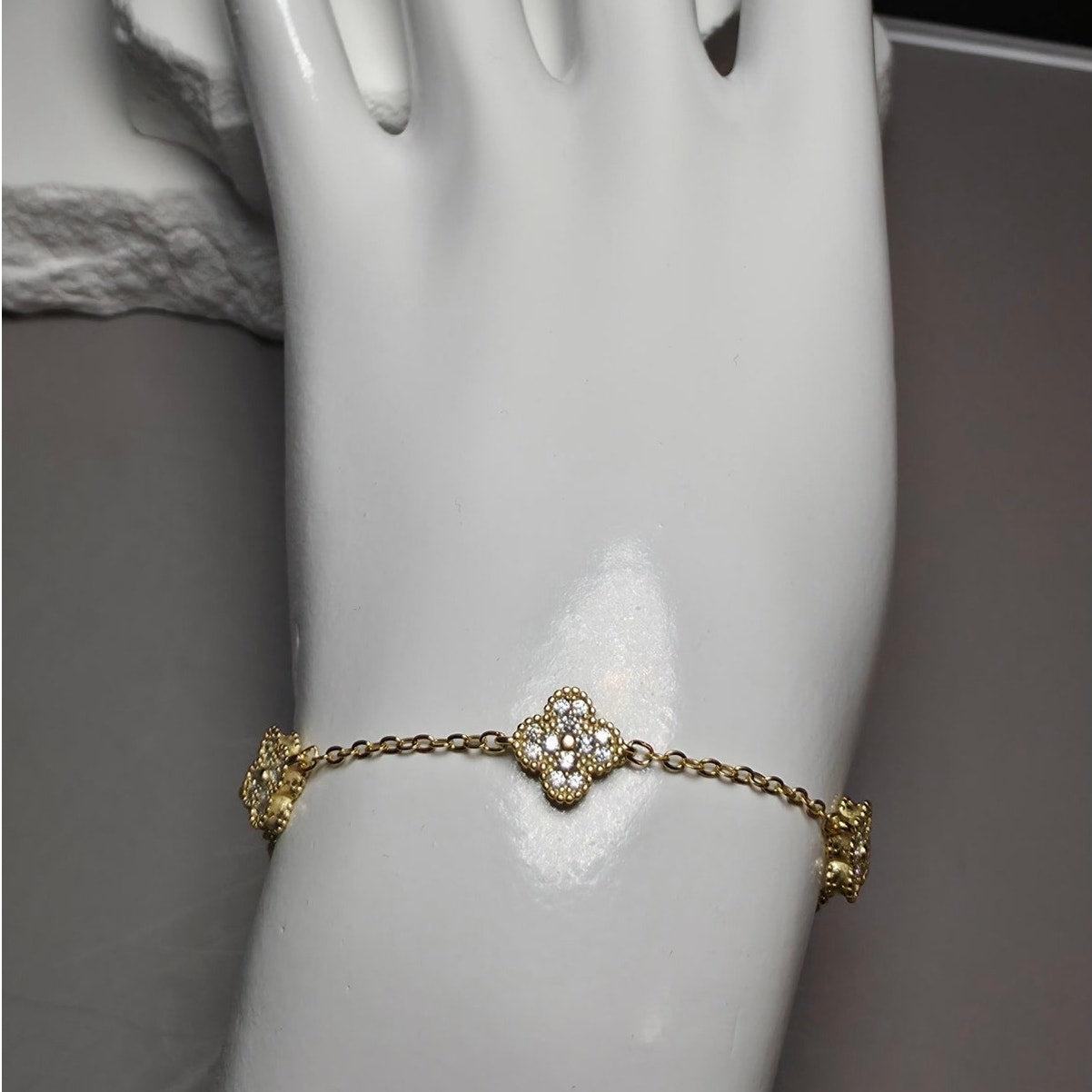 Gold 925 Silver Pave CZ Cluster 5 Station Clover Bracelet Adjustable 7-8"