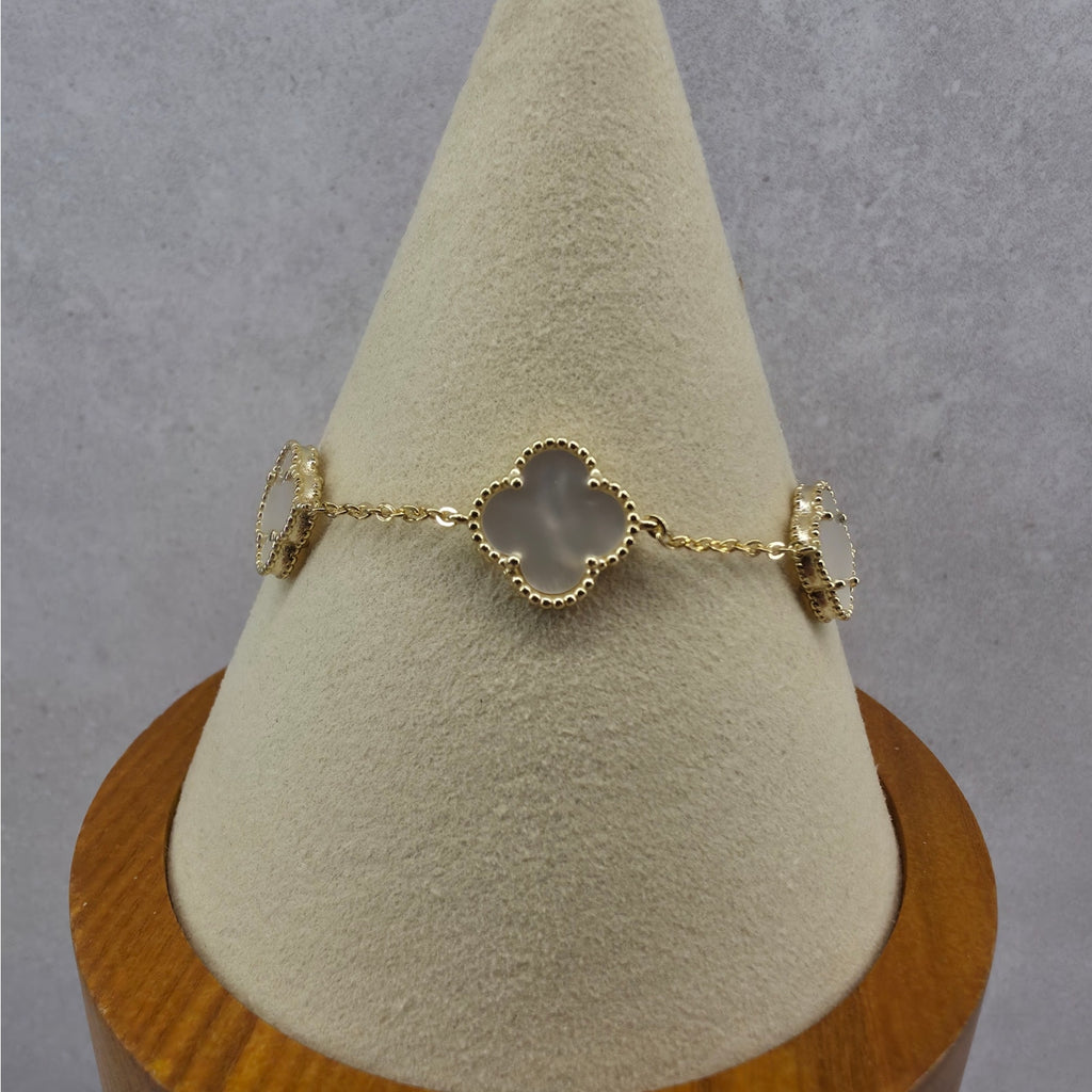 7+1" 12mm Mother of Pearl 5-Motif Clover Bracelet Gold Plated 925 Silver