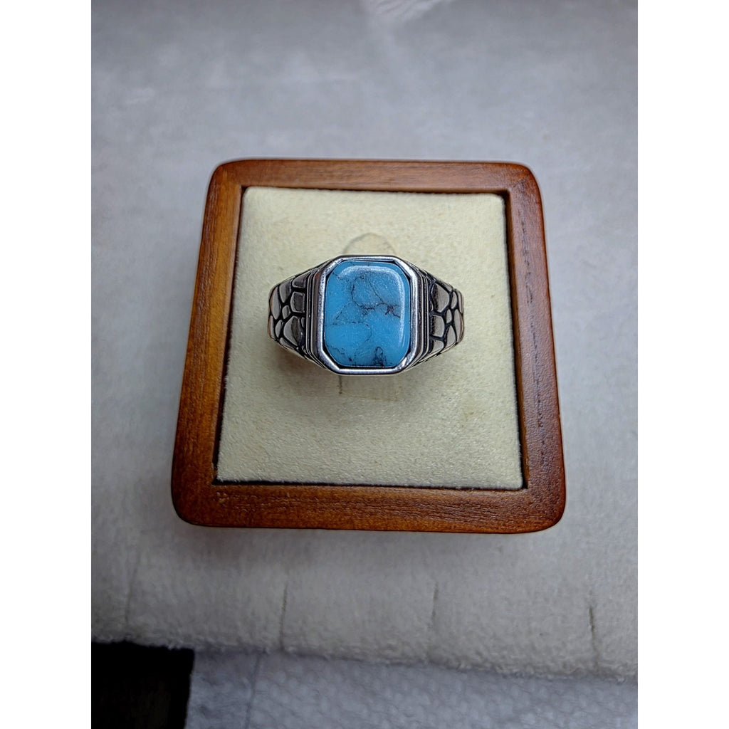 S10 Natural Turquoise Signet Engraved Ring 925 Sterling Silver