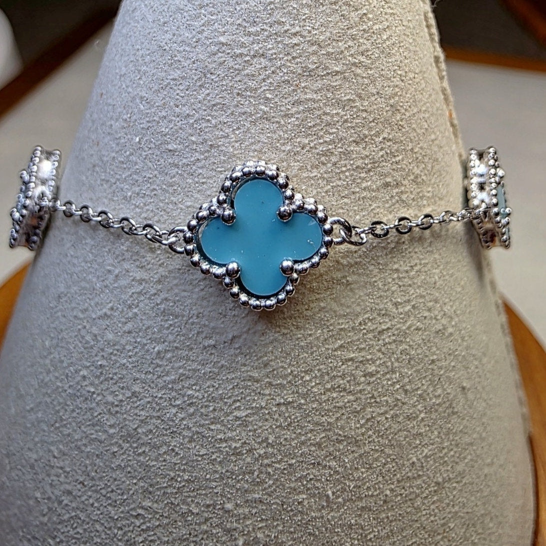 7+1" Genuine Turquoise Clover Station Bracelet (Adjustable 925 Sterling Silver)