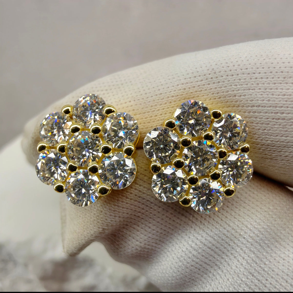 12mm 4.89ctw VVS D Moissanite Honeycomb Cluster Studs Gold Over 925 Silver w/GRA