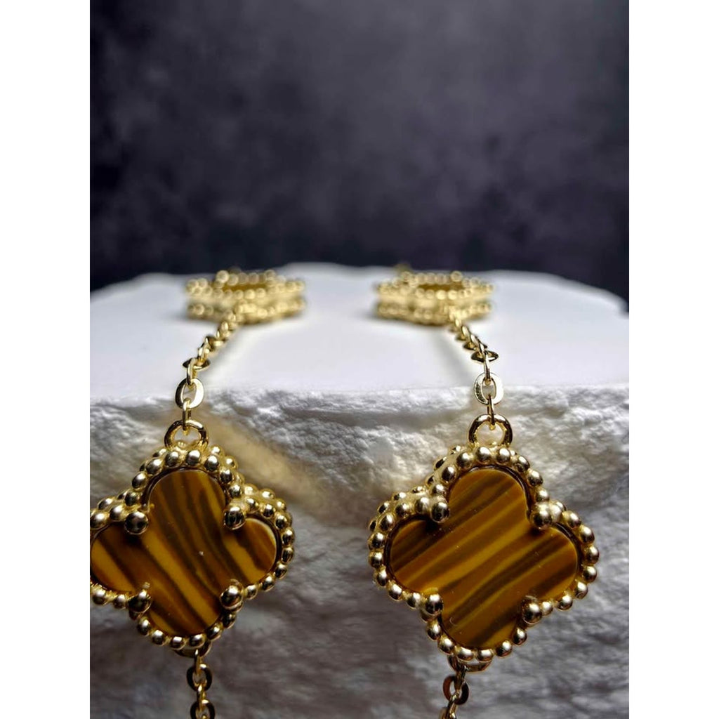 7+1" Genuine Tigers Eye Clover Bracelet Gold over Solid 925 Sterling Silver
