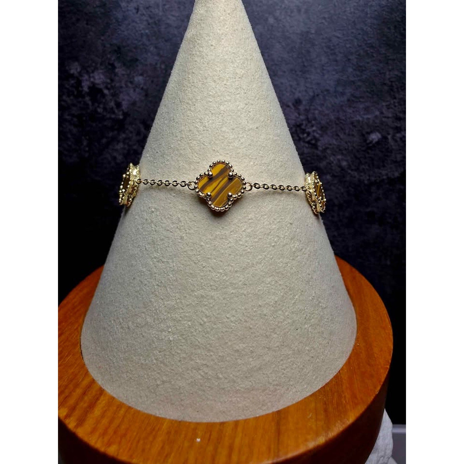 7+1" Genuine Tigers Eye Clover Bracelet Gold over Solid 925 Sterling Silver