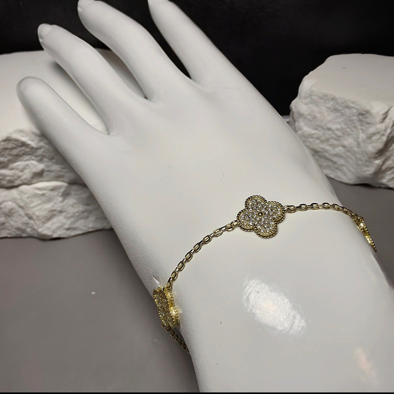 0.48CTW Moissanite Pavé Clover Station Bracelet Gold 925 Sterling Silver 7"+1"