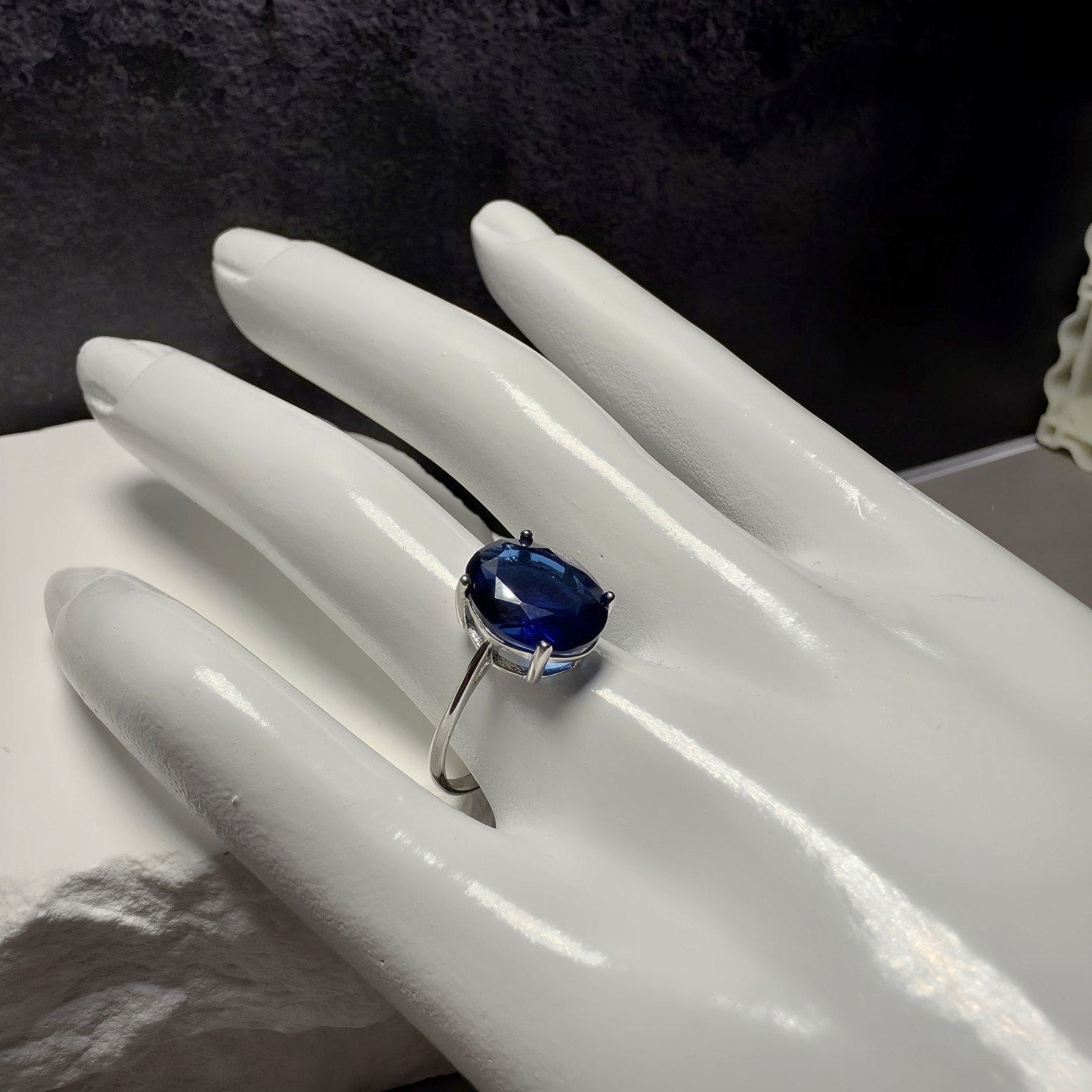 Oval Simulated Blue Sapphire Solitaire Ring in 925 Sterling Silver (Size 8)