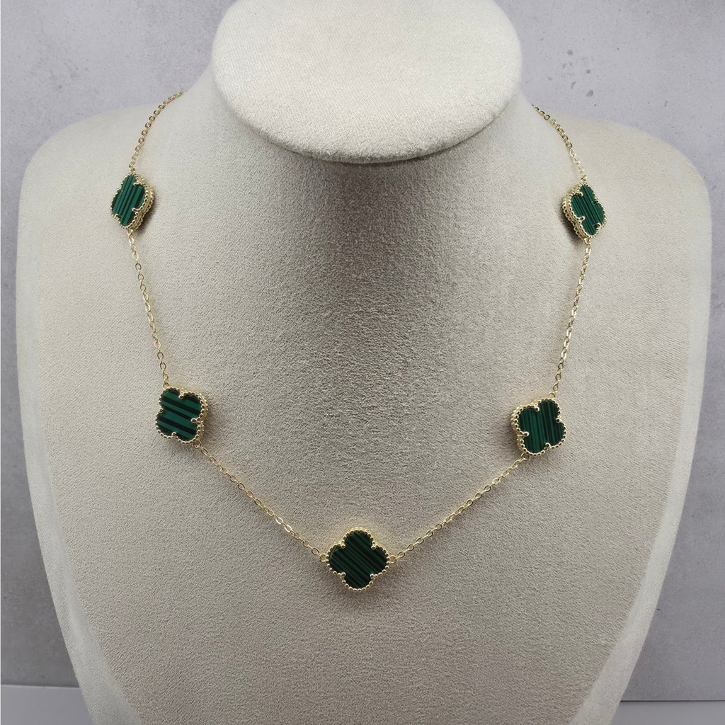 14.2mm Malachite 5-Motif Clover Necklace Gold Plated 925 Silver