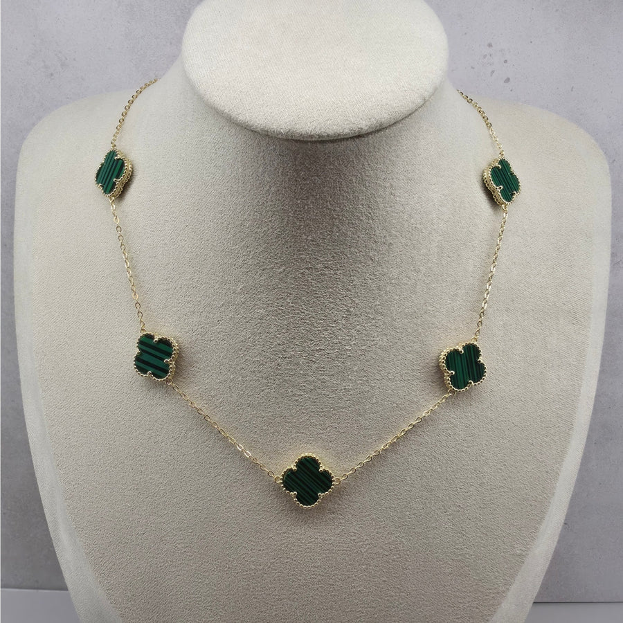 14.2mm Malachite 5-Motif Clover Necklace Gold Plated 925 Silver