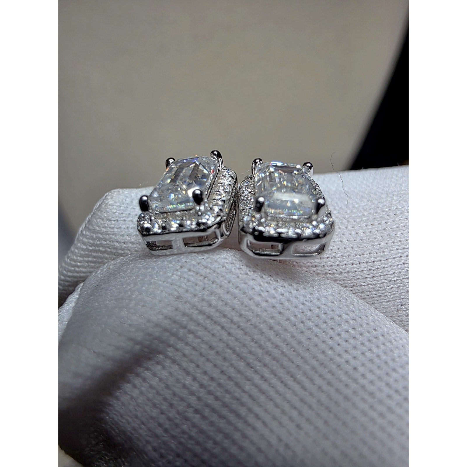 6mm 1.80ctw VVSD Moissanite Baguette Halo Earrings 925 Sterling Silver