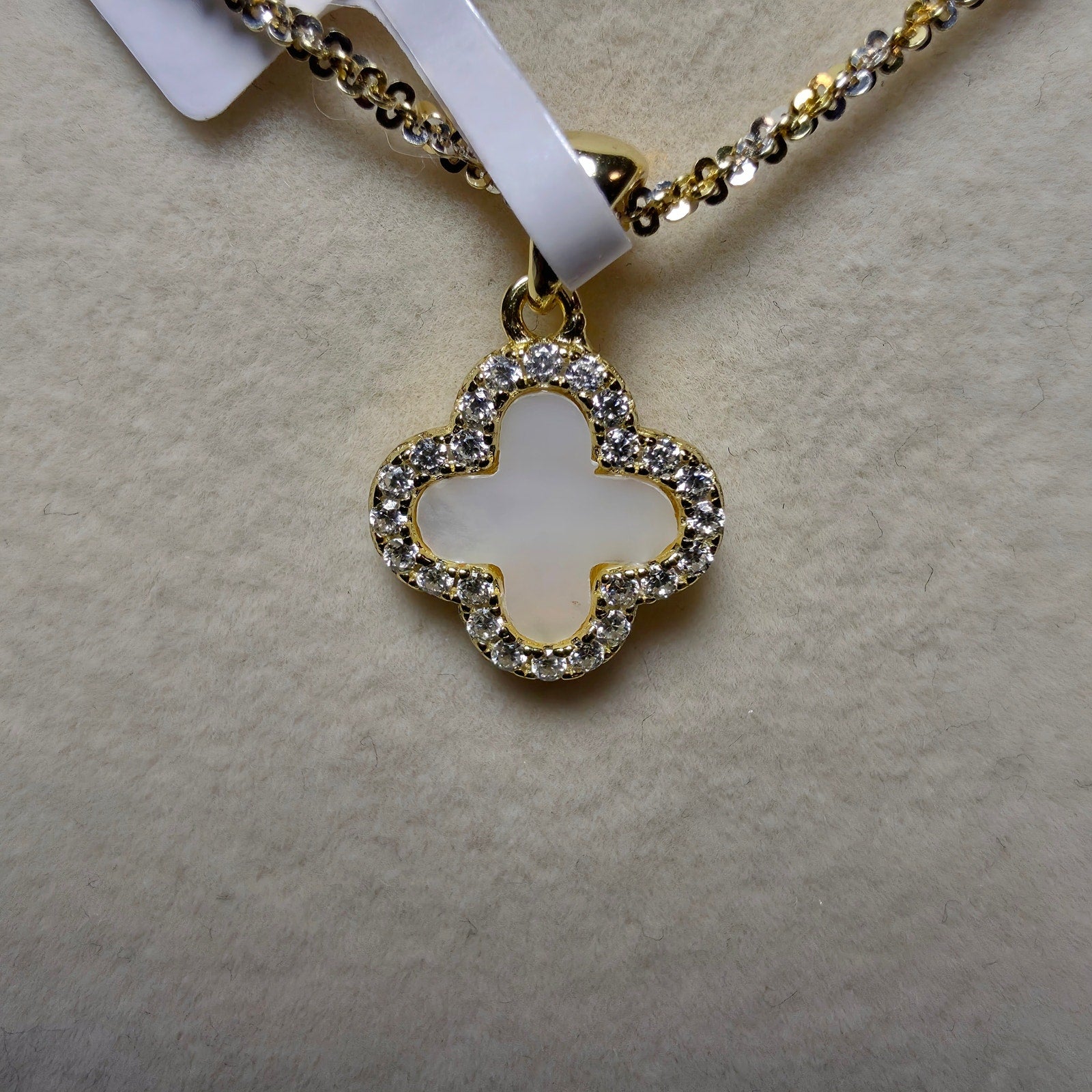 0.24CT Moissanite Mother of Pearl Clover Pendant 20" Two-Tone Twisted Rock Necklace