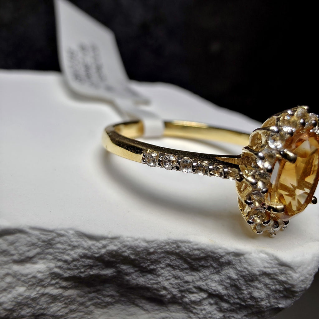 1.09 CT Oval Natural Citrine & White Topaz Halo Ring in Gold over Silver Size 7