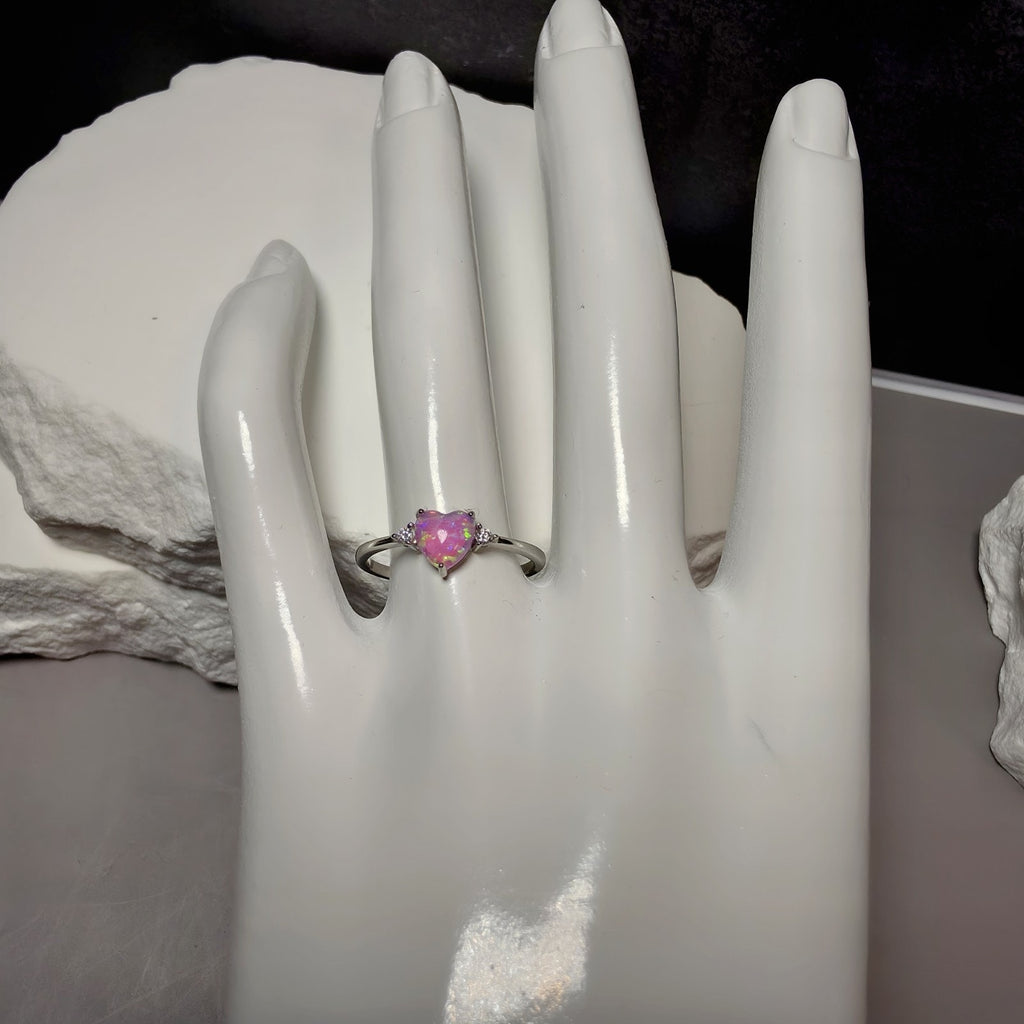 Sterling Silver Heart-Cut Lab Created Pink Opal & Moissanite Ring (Size 8)