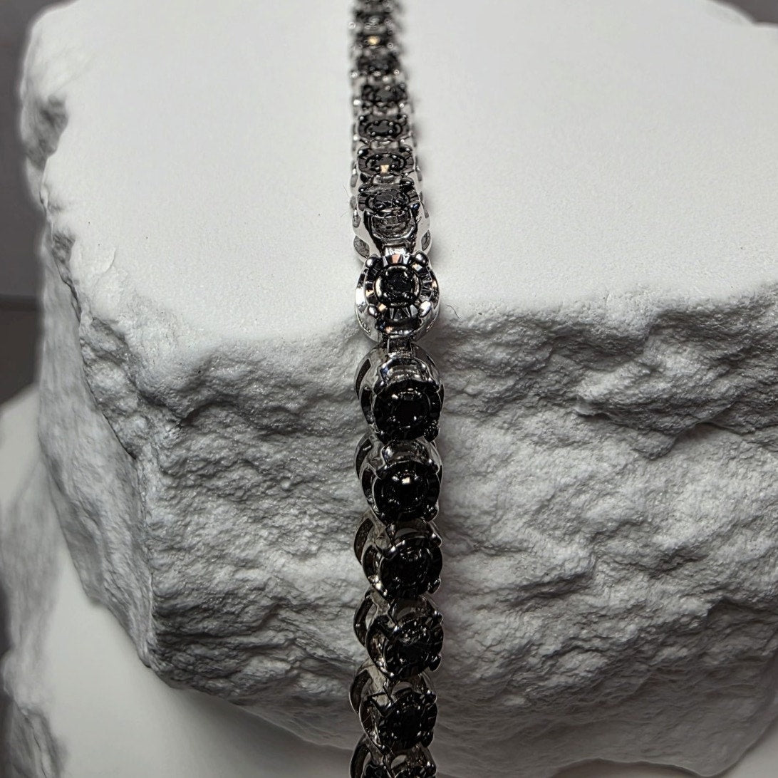 1.0ctw Natural Black Diamond Tennis Bracelet 925 Sterling Silver 7"