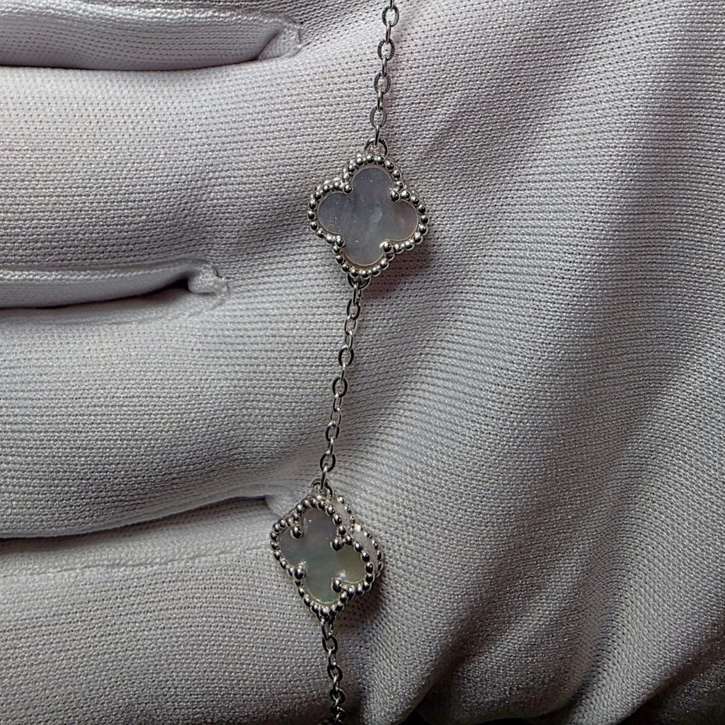 7+1" White Mother of Pearl Station 5-Clover Bracelet Solid 925 Sterling Silver