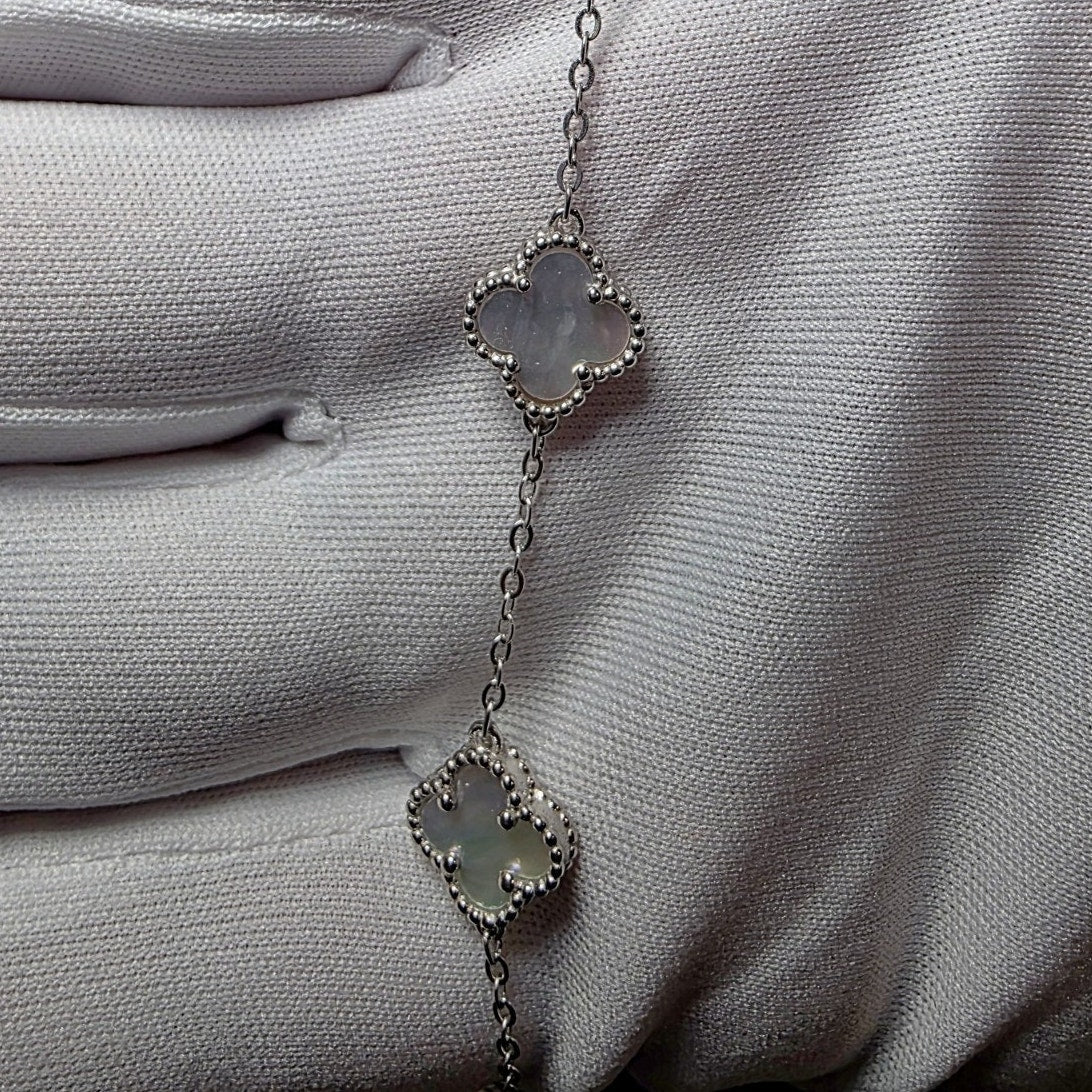 7+1" White Mother of Pearl Station 5-Clover Bracelet Solid 925 Sterling Silver