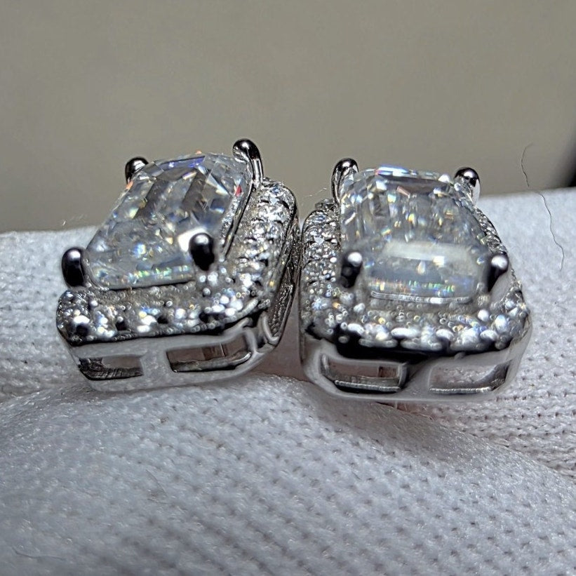 1.80ctw VVS Moissanite Baguette Halo Stud Earrings - 6.4mm, 925 Sterling Silver