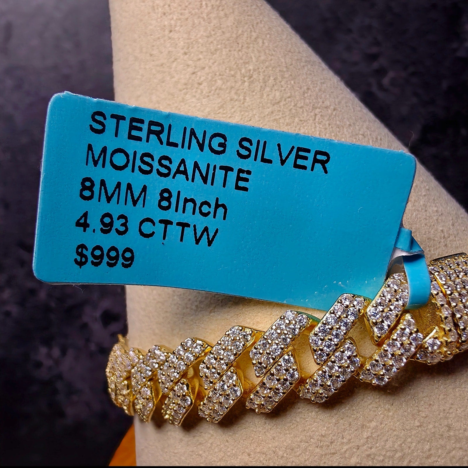 8mm Moissanite Monaco Cuban Bracelet in Gold Over Silver (4.93 CTW, 8", 23.09g)