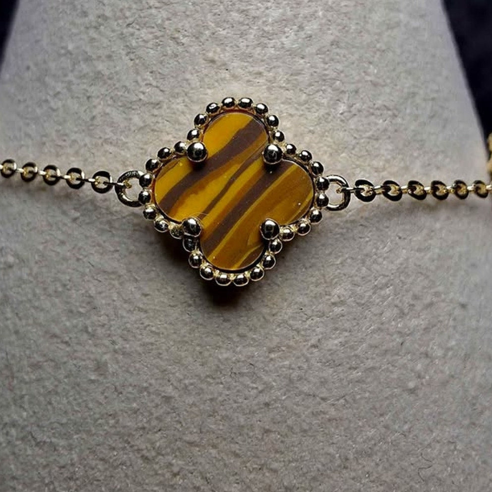 7+1" Genuine Tiger's Eye Clover Bracelet | Gold over 925 Sterling Silver