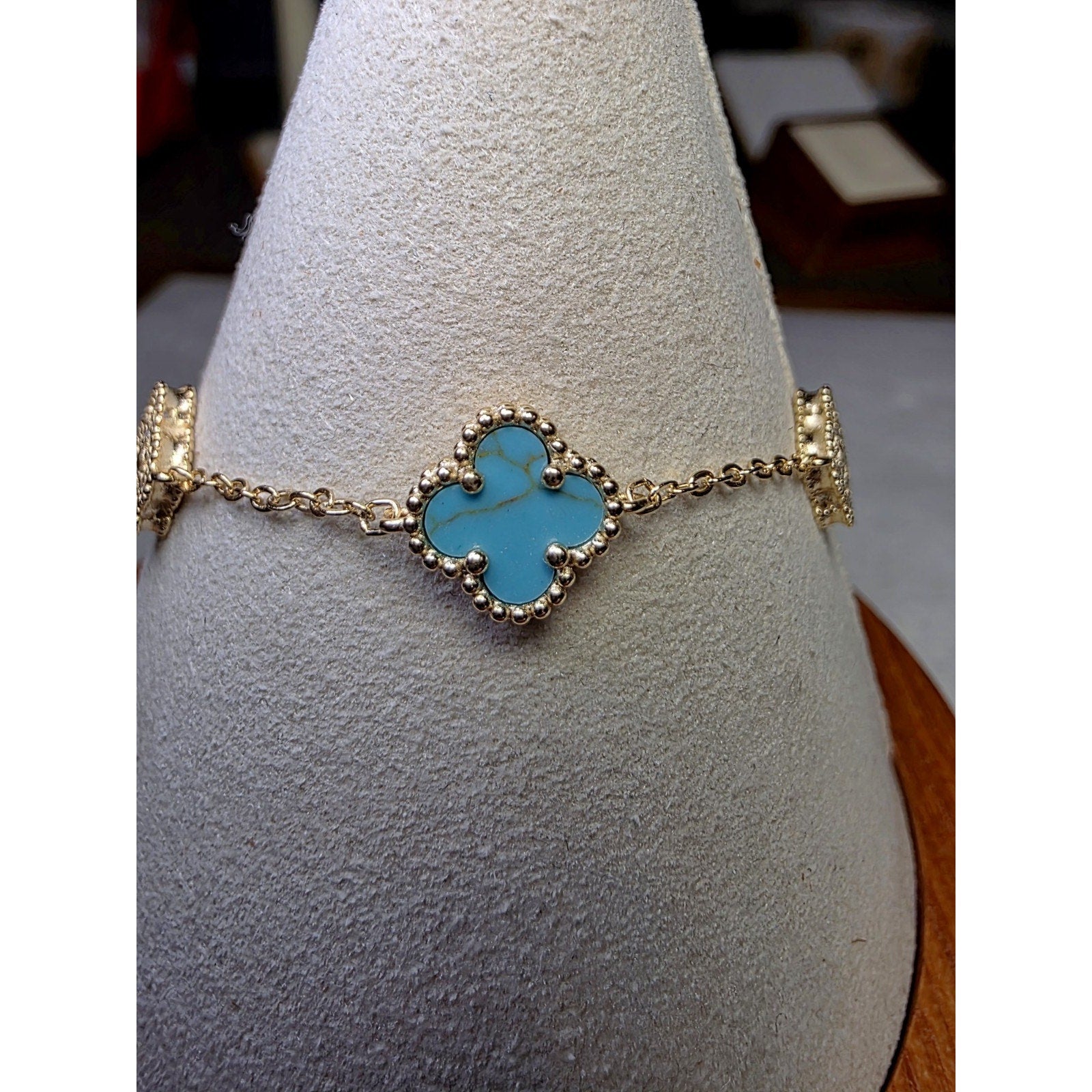 7-8" Turquoise & Moissanite Alternating Clover Bracelet Gold over 925 Sterling Silver