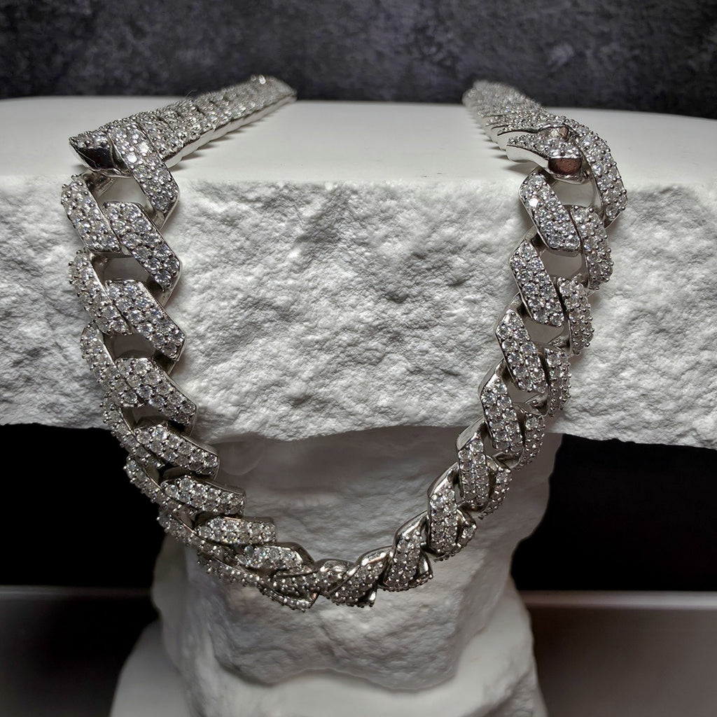 22" 10.4mm VVS D Moissanite Monaco Cuban Chain 18.86 CTTW 96g Solid 925 Silver