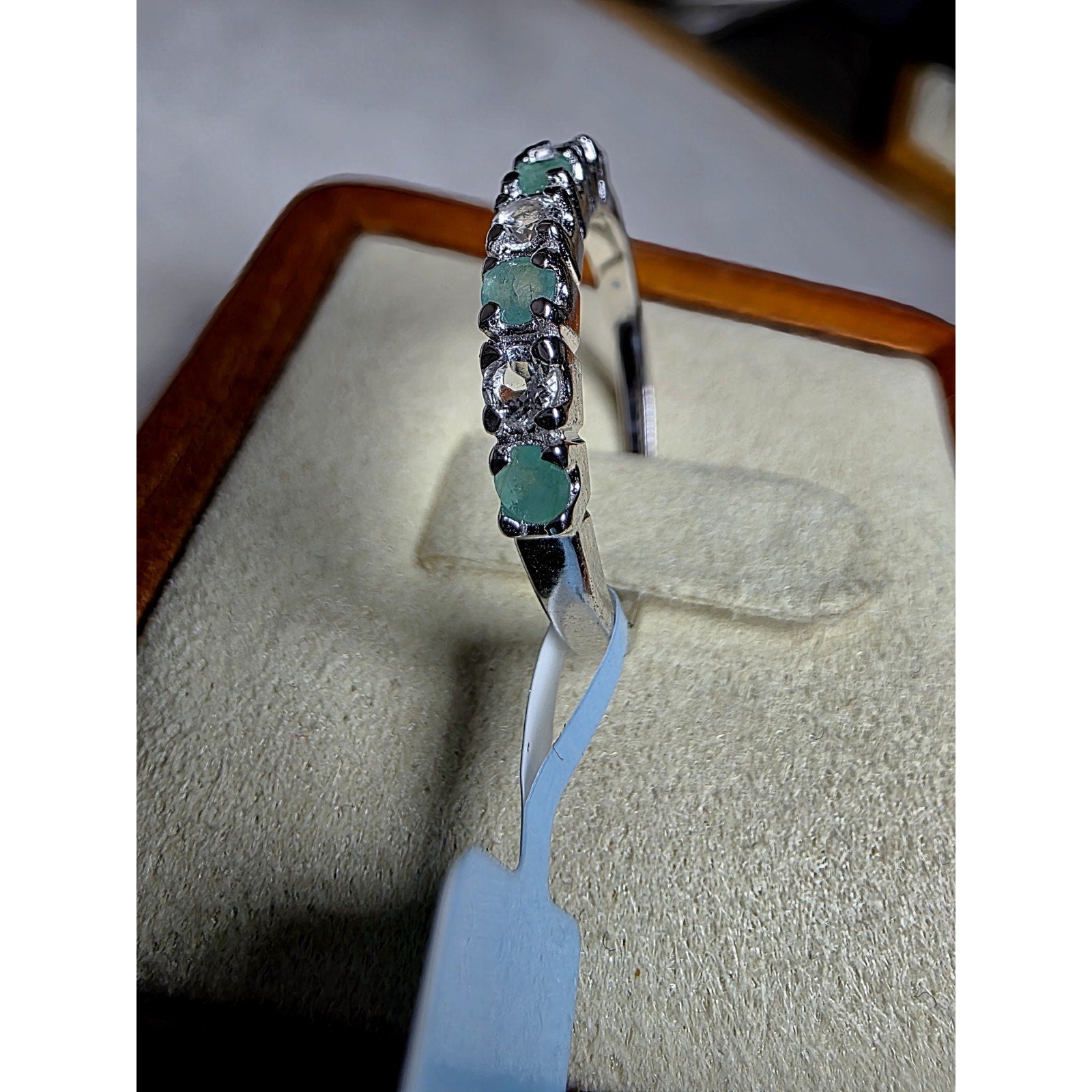 S7 Natural Emerald & 0.46ctw Moissanite Half Eternity Band 925 Sterling Silver