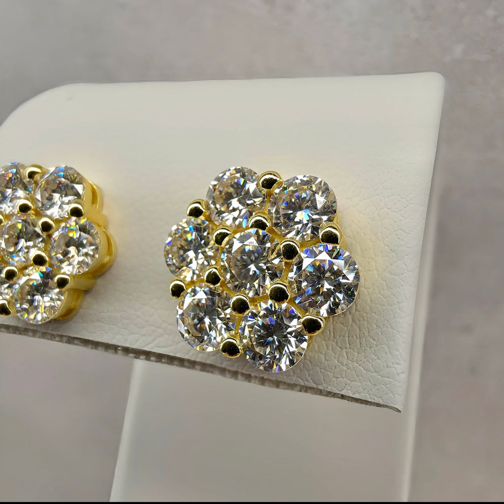 12mm 4.89ctw VVS D Moissanite Honeycomb Cluster Studs Gold Over 925 Silver w/GRA