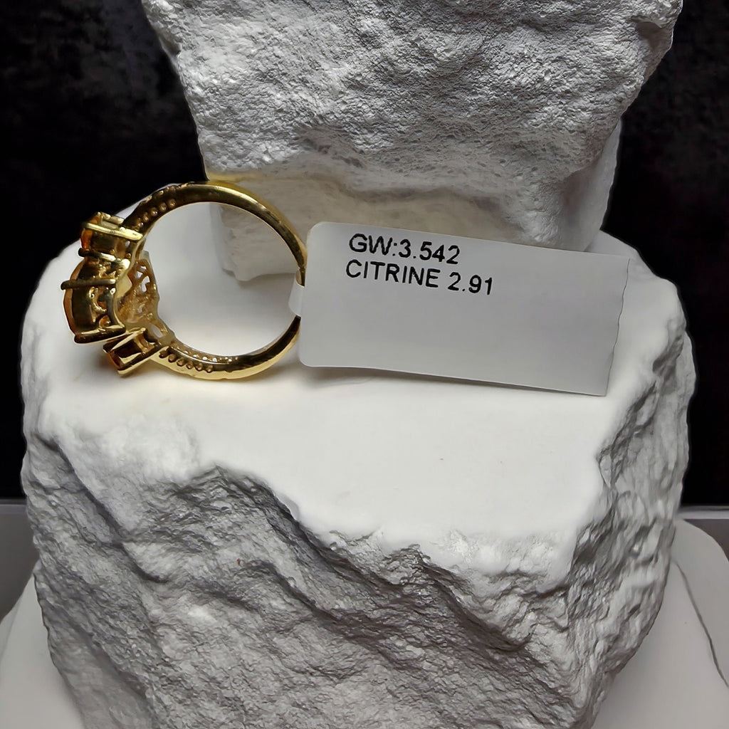 Genuine Citrine Three-Stone Ring Size 7 Gold Over 925 Silver