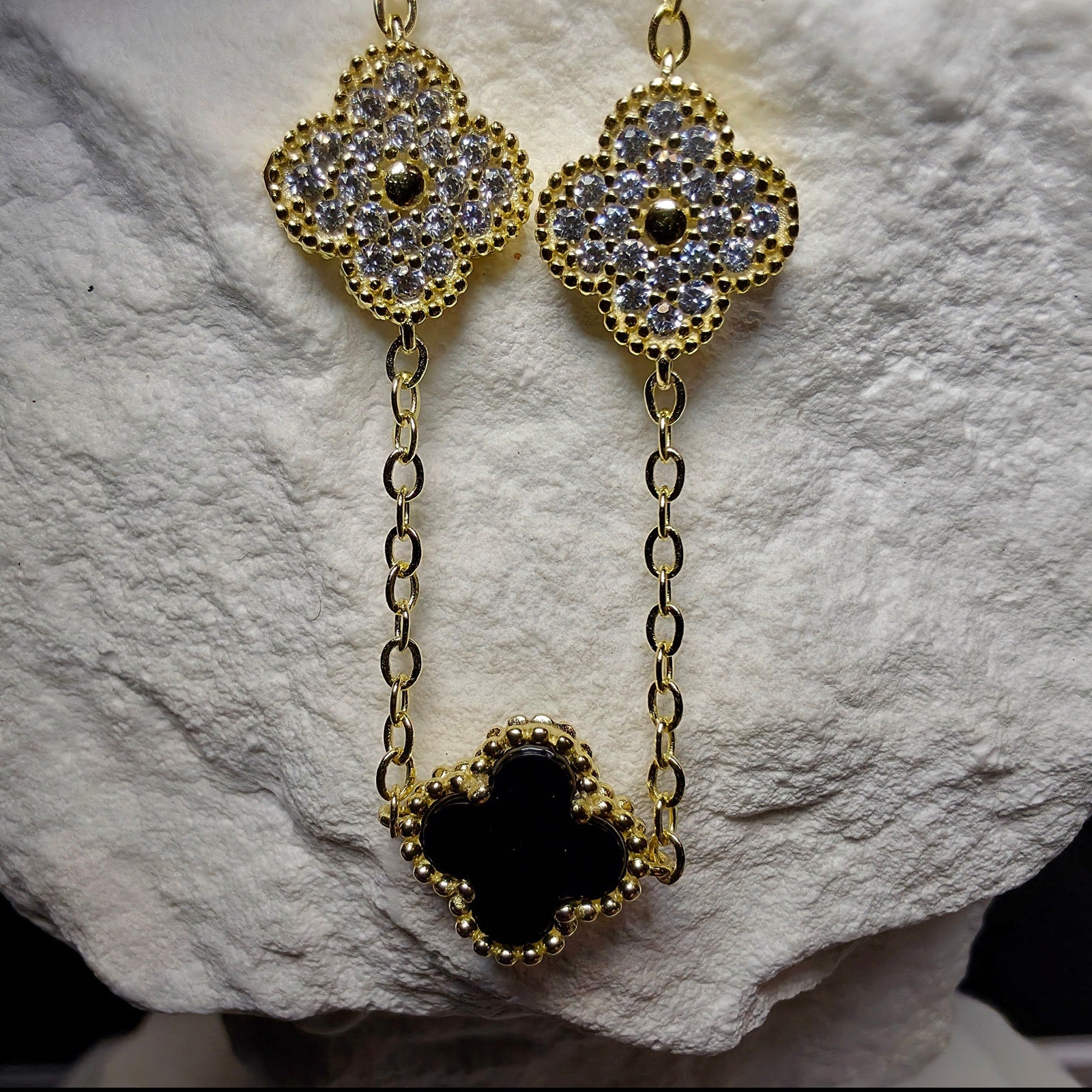 7+1" Gold Over Sterling Silver Onyx & CZ Clover Station Bracelet