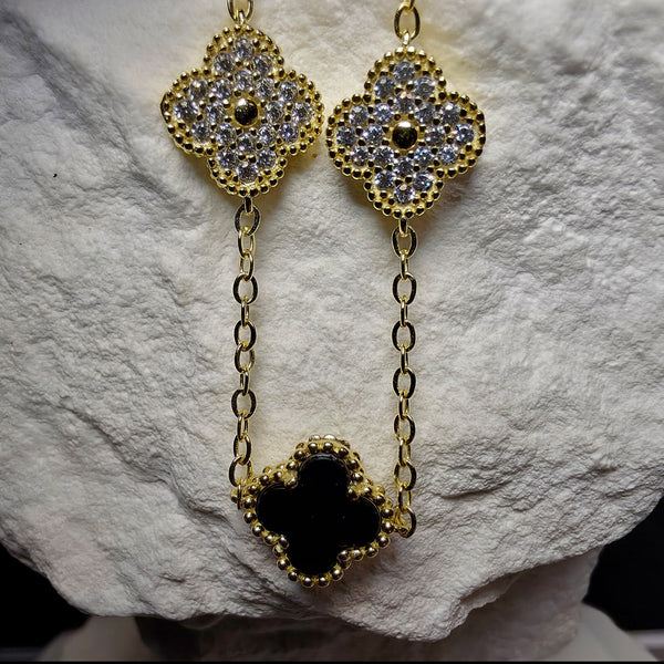 7+1" Gold Over Sterling Silver Onyx & CZ Clover Station Bracelet