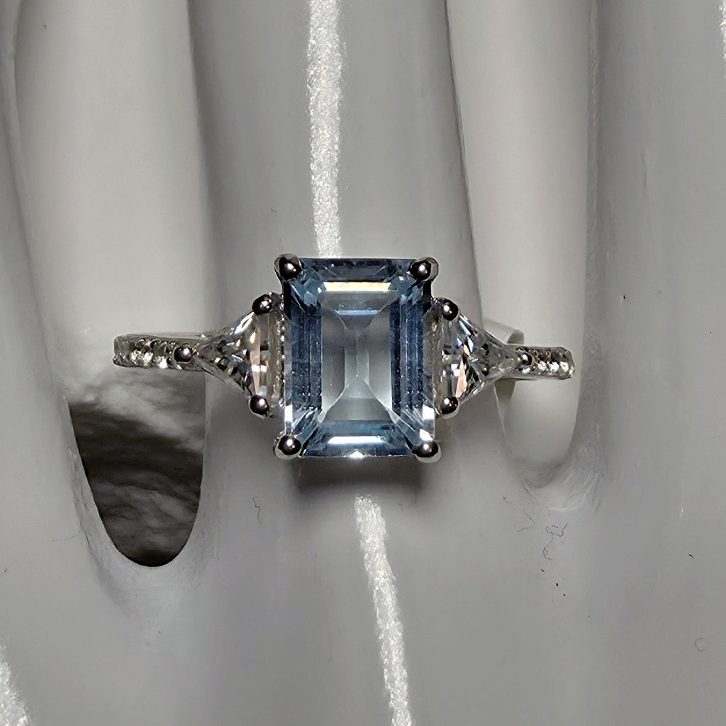 Natural Aquamarine Ring 1.85CT Emerald Cut with Moissanite & White Topaz Size 8