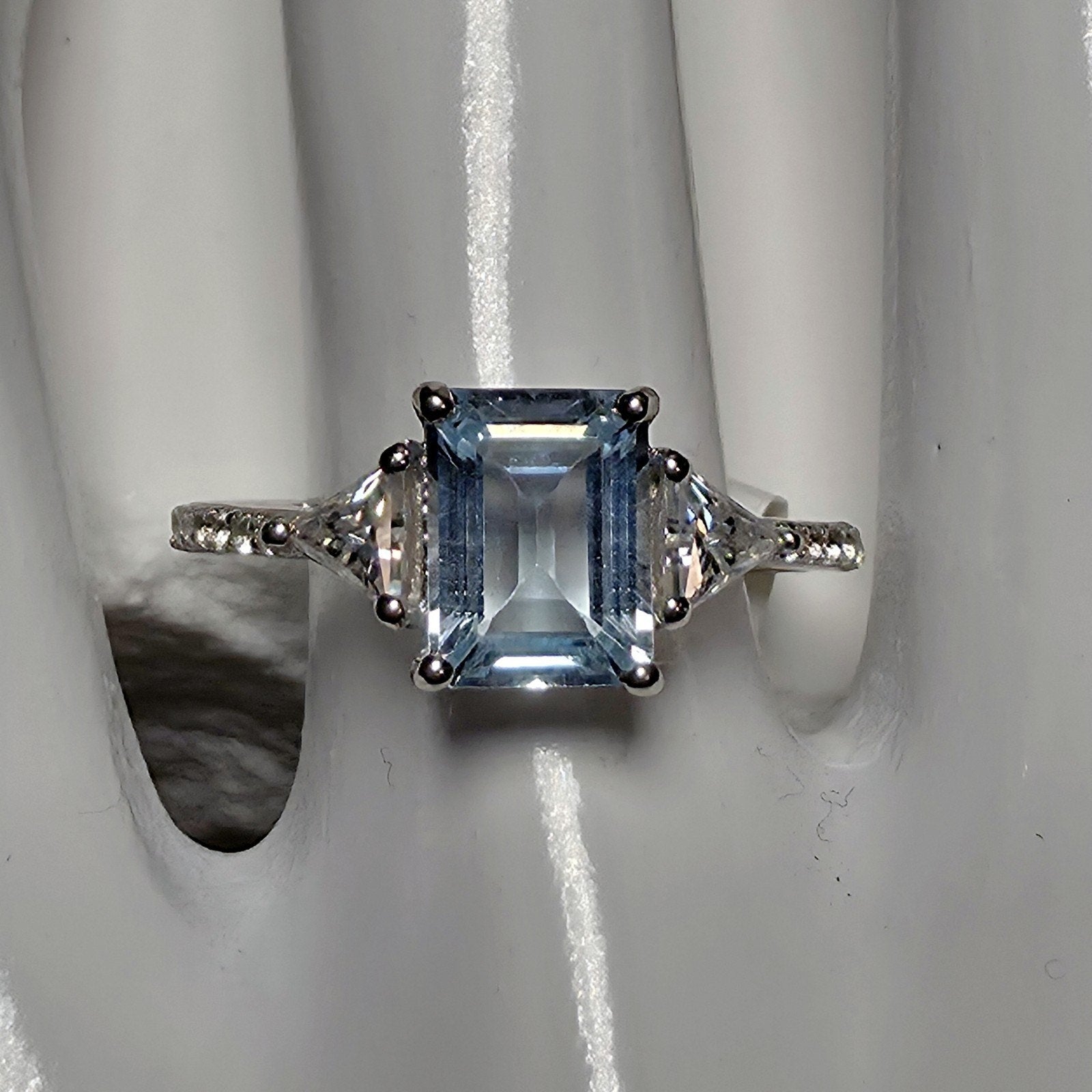 Natural Aquamarine Ring 1.85CT Emerald Cut with Moissanite & White Topaz Size 8