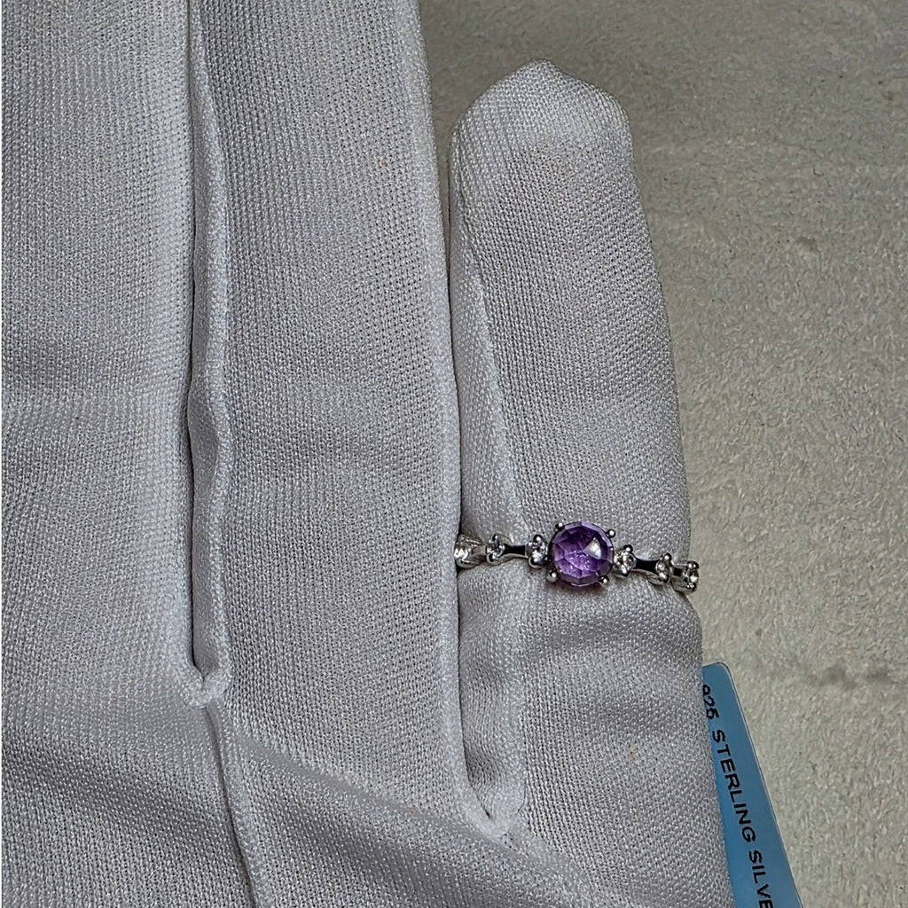 Size 7 Natural Amethyst & White Topaz 925 Sterling Silver Dainty Ring
