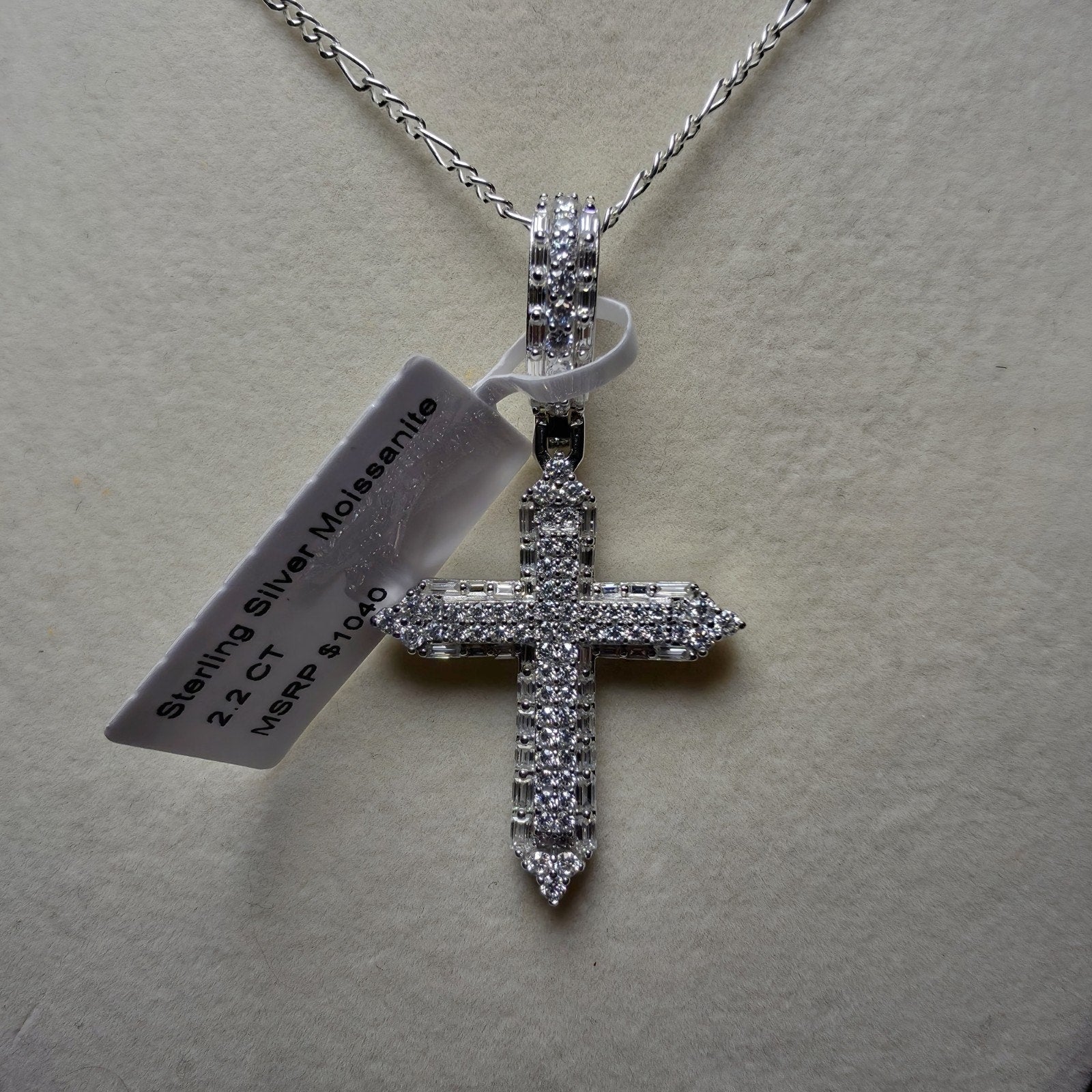 2.2CTW Moissanite Cross Pendant in 925 Sterling Silver | 24" 2mm Figaro Necklace
