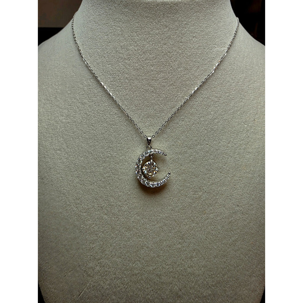 18-20" 1.54ctw Moissanite Crescent Moon and Star Pendant 925 Sterling Silver