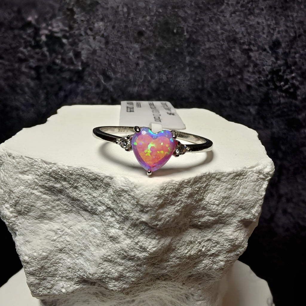Sterling Silver Heart-Cut Lab Created Pink Opal & Moissanite Ring (Size 8)