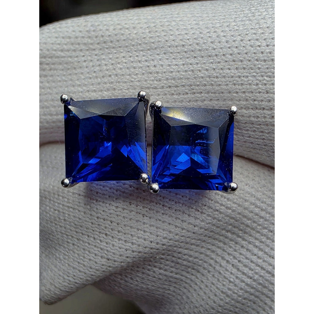 7mm Lab Sapphire Princess Cut Earrings w/Butterfly Back 925 Sterling Silver