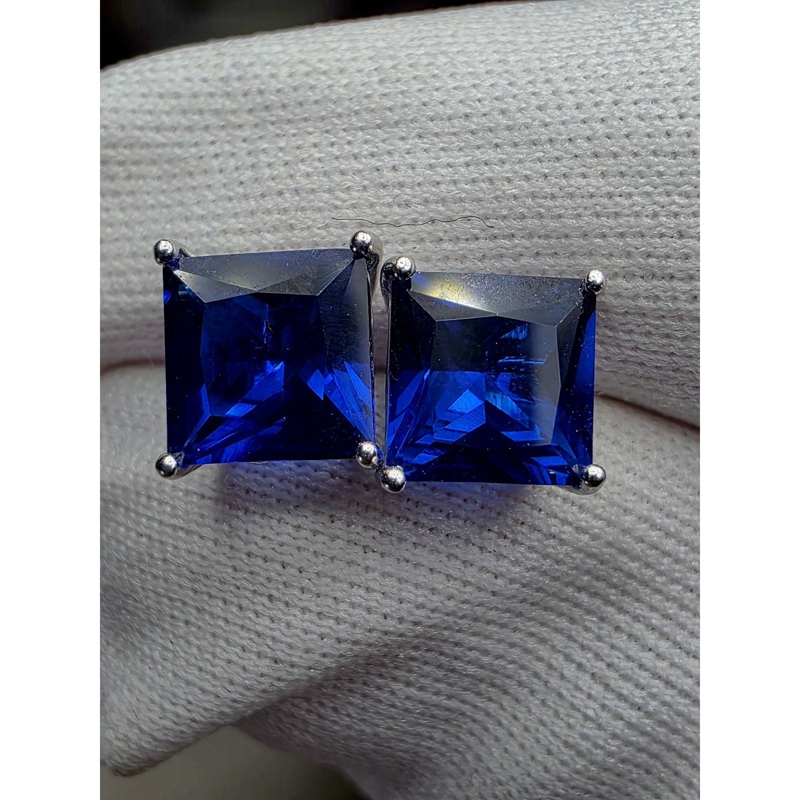 7mm Lab Sapphire Princess Cut Earrings w/Butterfly Back 925 Sterling Silver