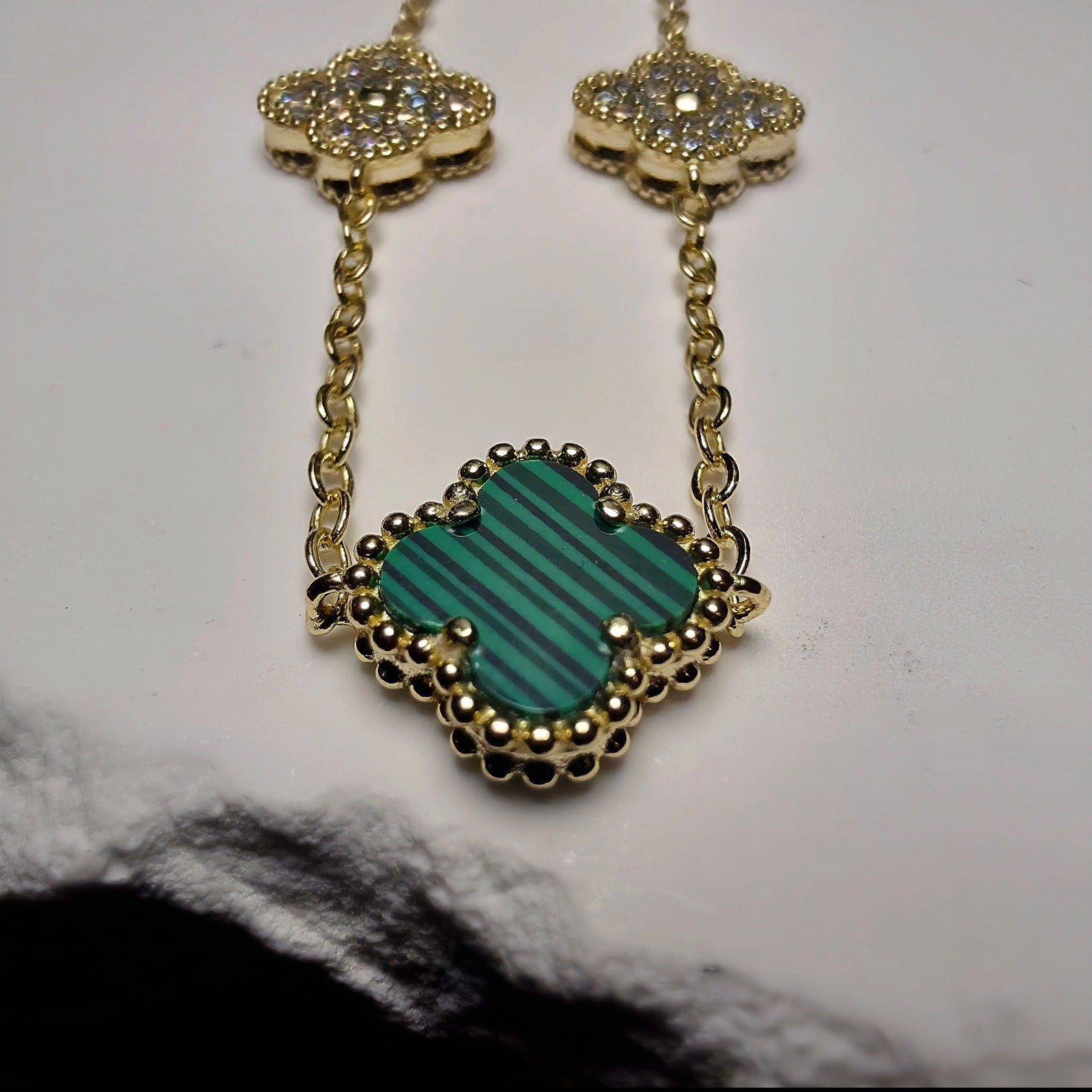 7+1" Green Malachite Alternating Clover Bracelet Gold Plated 925 Sterling Silver