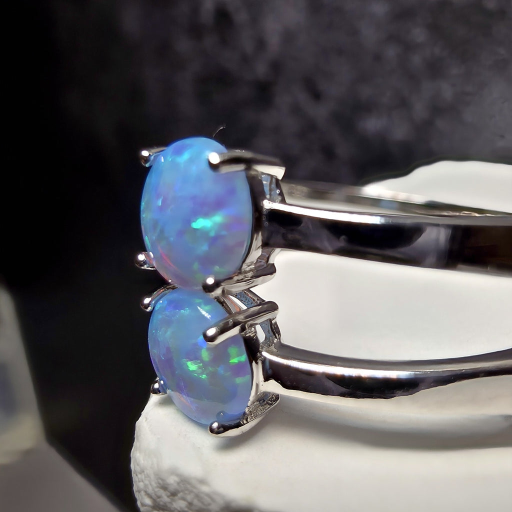 925 Sterling Silver Blue Lab Opal Round Hoop Earrings