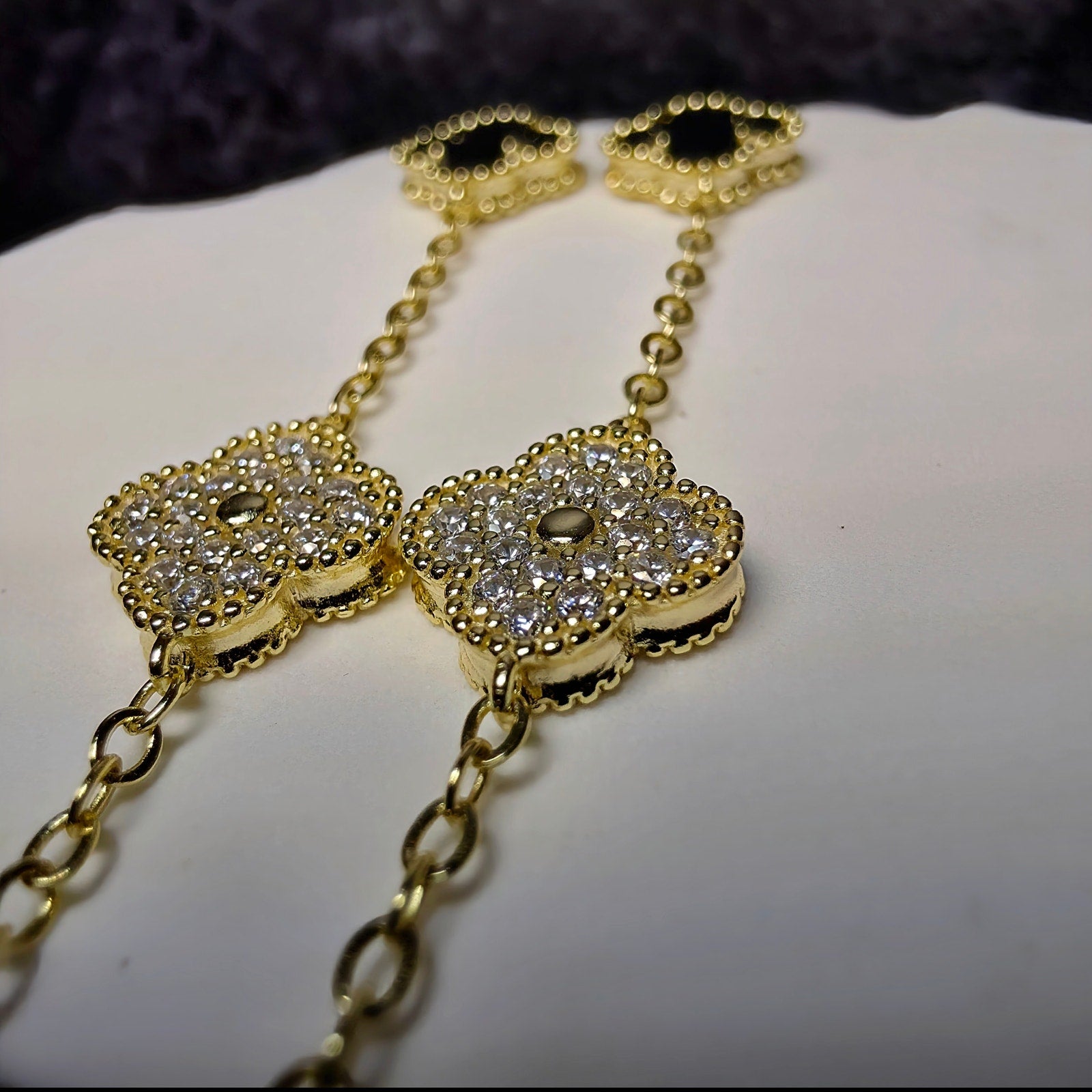 7+1" Gold Over Sterling Silver Onyx & CZ Clover Station Bracelet