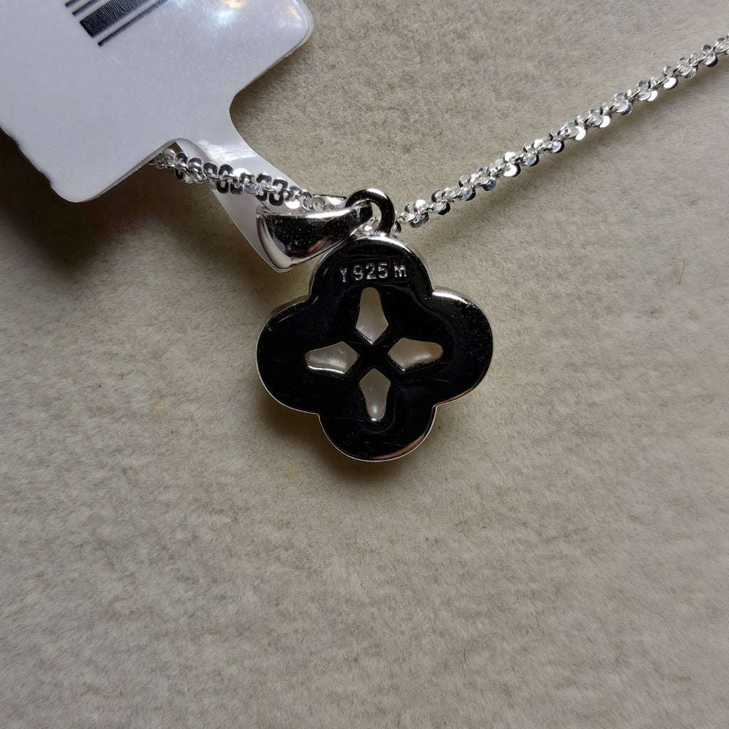 0.24CTW Moissanite & MOP Clover Pendant 18" Twisted Rock Necklace Silver