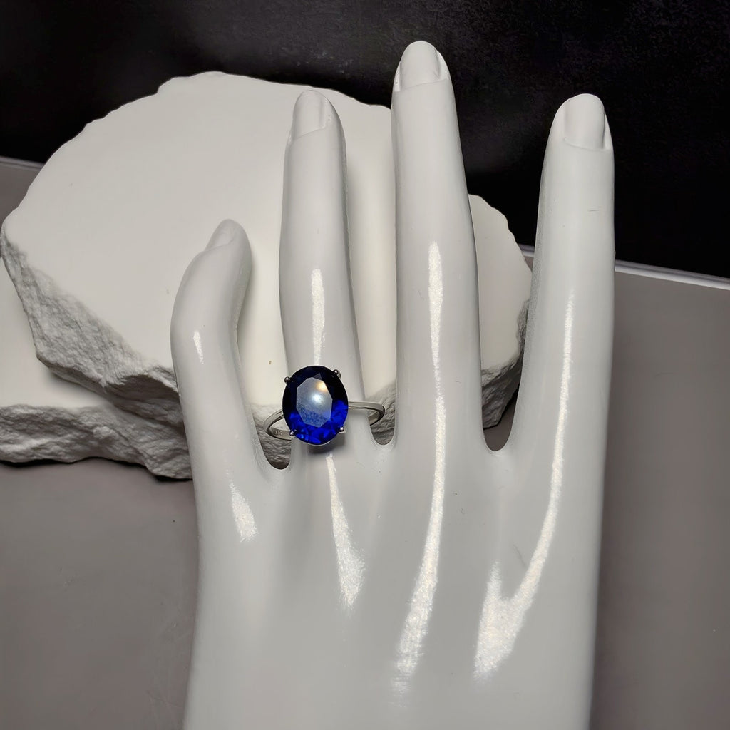 Oval Simulated Blue Sapphire Solitaire Ring in 925 Sterling Silver (Size 8)