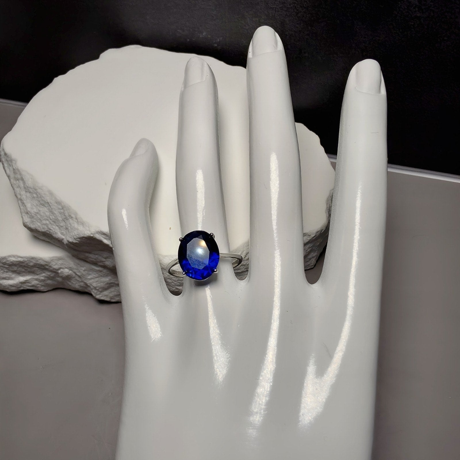 Oval Simulated Blue Sapphire Solitaire Ring in 925 Sterling Silver (Size 8)