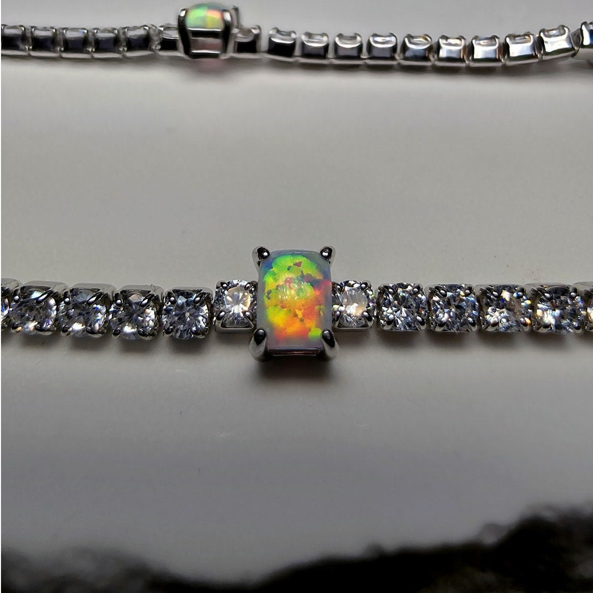 7" 925 Sterling Silver Ethiopian Opal & CZ Tennis Bracelet | Iridescent Station