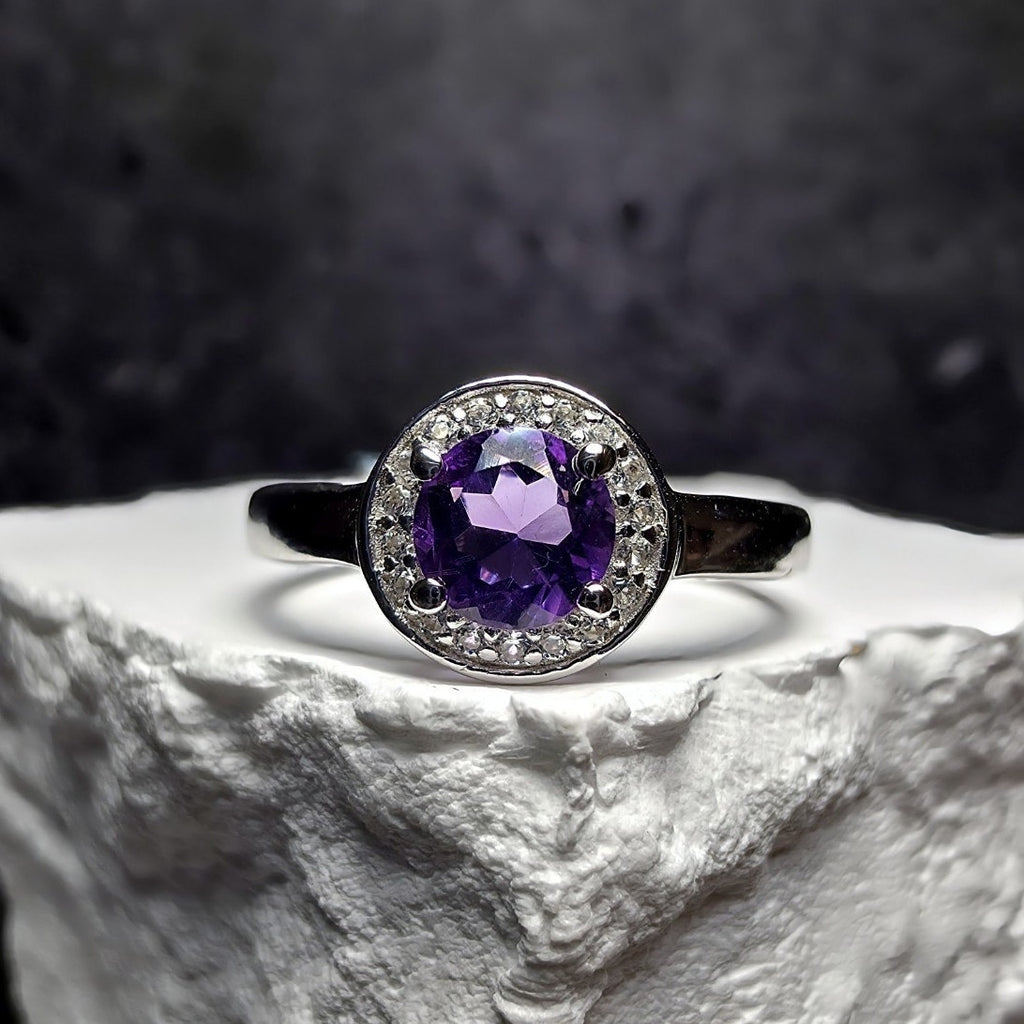 Size 6.5 Natural Amethyst & 0.52ctw Moissanite Halo Ring 925 Sterling Silver