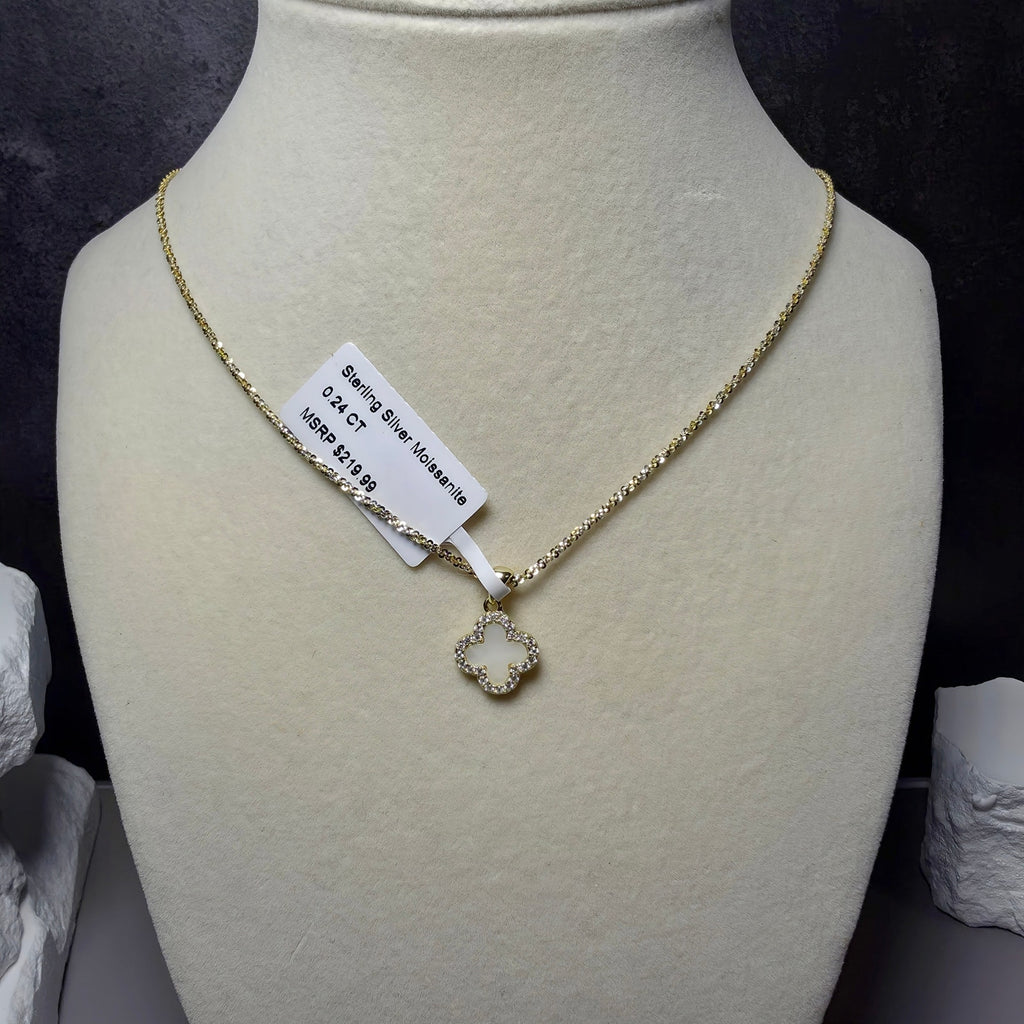 0.24CT Moissanite Mother of Pearl Clover Pendant 20" Two-Tone Twisted Rock Necklace
