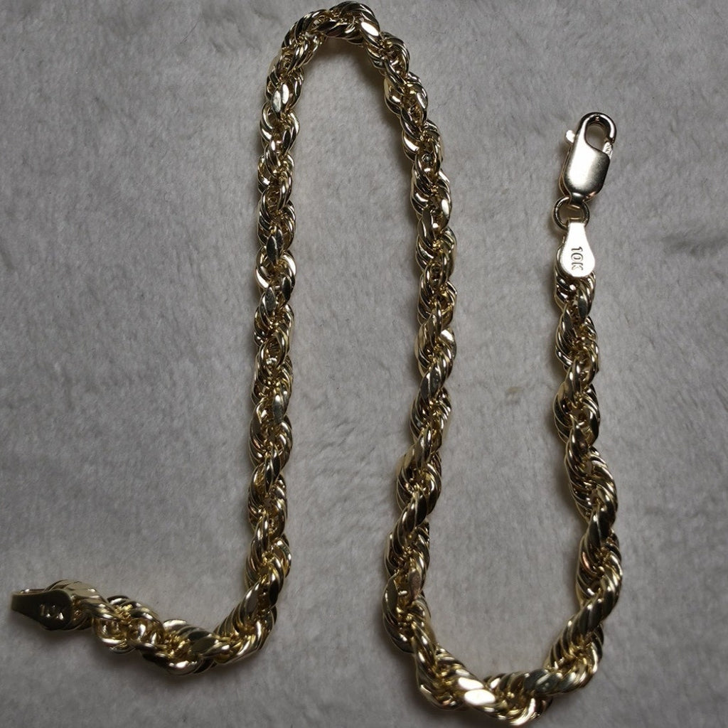 10k Yellow Gold Diamond Cut Hollow Rope Bracelet 8" 4mm
