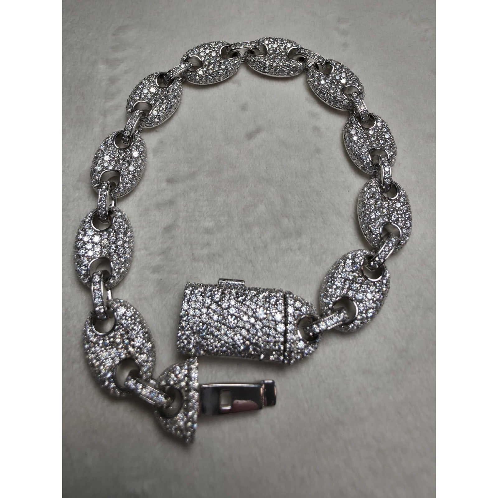 8" 10.8mm Moissanite Puff Mariner Bracelet w/Coffin Lock 925 Sterling Silver